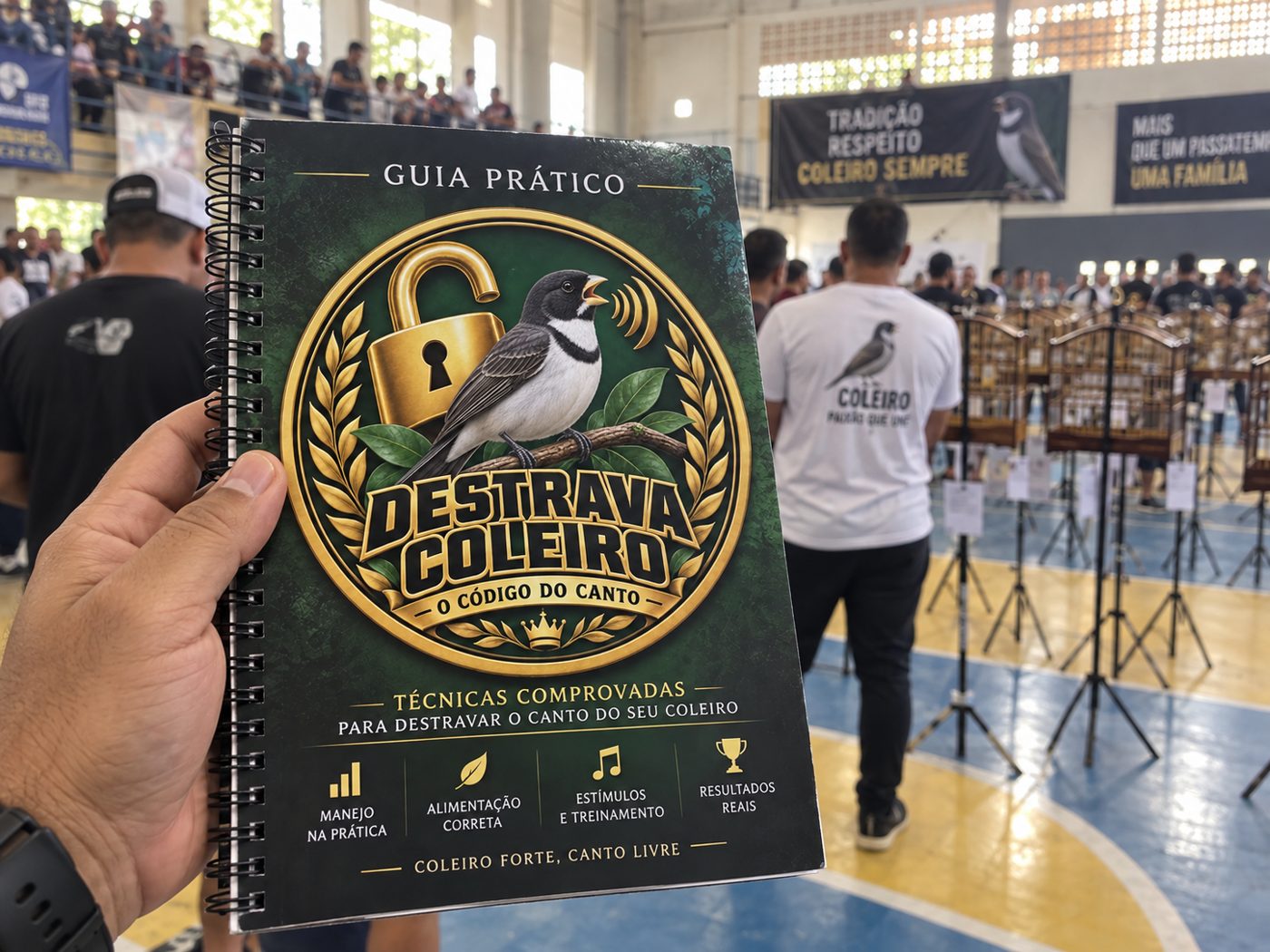 Guia Destrava Coleiro na mão de um criador, num encontro de coleiristas
